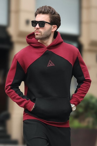 Madmext Bordo Kapüşonlu Cep Detaylı Nakışlı Sweatshirt E7085 Bordo