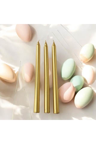 Denic 3 lü Metalik Gold Şamdan Mum Konik Mum