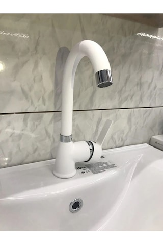 Beyaz Kısa Lavabo Bataryası Delta Banyo Sıcak Soğuk Su Girişli Musluk Beyaz