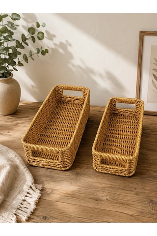 Morponi 2'li Dikdörtgen Hasır Rattan Organizer Sepet Shr343 Sarı