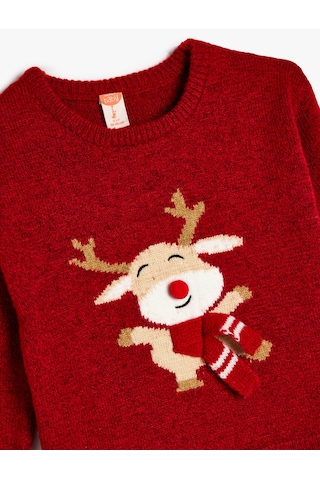 Koton Geyik Desenli Uzun Kollu Bisiklet Yaka Triko Kazak Kırmızı 5wmg90002ht Kırmızı