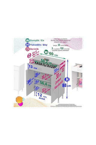 Eliusta Taha 60 Cm 3 Bölmeli Beyaz Çok Amaçlı Dolap 2 Raflı Banyo Mutfak Dolabı 60x88x32,5 Cm Düzenleyici Beyaz
