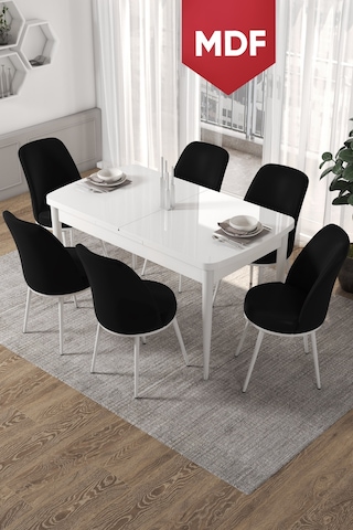 Canisa Concept Kor Serisi 70x114 Açılabilir Mutfak Masası Takımı Beyaz Masa 6 Siyah Sandalye Masalar Beyaz Sandalyeler Siyah
