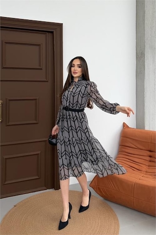 Neşeli Butik Kadın Gri Küçük Desenli Yaka Bağlama Detaylı Astarlı Şifon Günlük Elbise Nbelb05 Gri