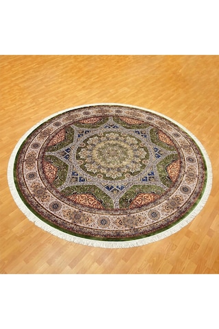 Klasik Yıldız Desenli 300 X 300 Yuvarlak İpek Halı Yeşil