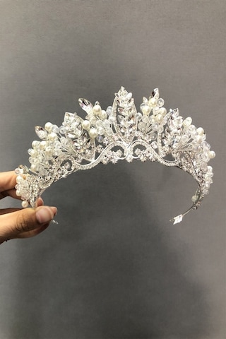 FdayAksesuar Kadın Sabbah Gümüş Renk Incili Gelin Tacı FRDY31463