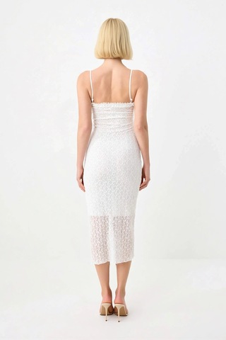 Benerly Kadın Dantel Bodycon Midi Elbise İnce Askılı Kare Yaka Astarlı Ko Beyaz