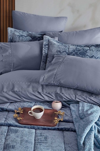 Elart Çeyiz Paketi 10 Parça Yatak Örtüsü+nevresim Takımı+battaniye Nüans Mavi