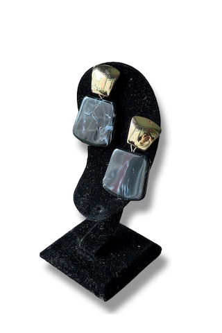 Kare Taşlı Sallantılı Şık Çelik Küpe Altın - Siyah