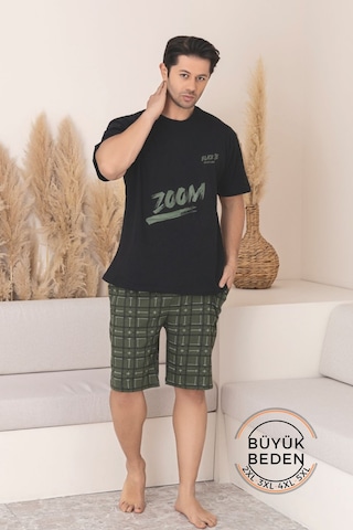 Büyük Beden Pamuklu Cepli Kısa Kollu Şortlu Erkek Pijama Takımı Siyah