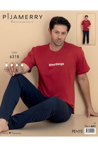 Pijamerry Erkek Bisiklet Yaka Kısa Kol Penye Pijama Takımı 6318 - 1 Adet Kırmızı