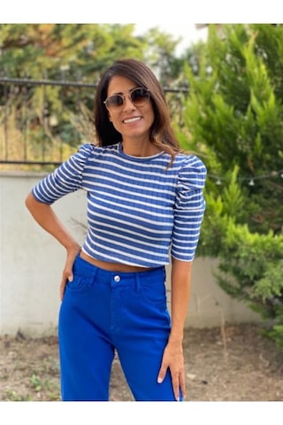 Forlady Mavi Beyaz Çizgili Crop (541867403)