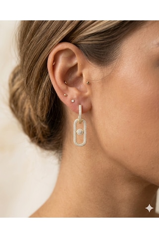 Kadın Sıralı Taş Model Tektaş Detay Şık Sallantılı Çelik Küpe Gold