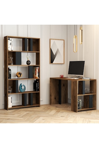 Variant Lima Çalışma Masası Ve Kitaplık Takımı - Ceviz / Antrasit Ceviz
