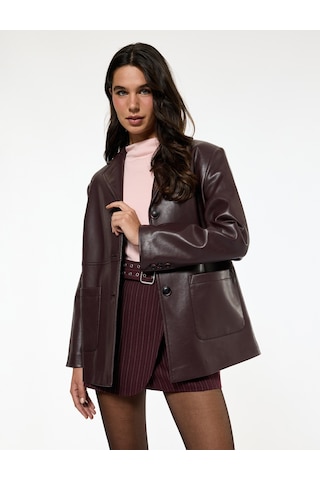 Koton Koton X Sibil Çetinkaya - Uzun Kollu Cepli Düğmeli Suni Deri Blazer Ceket Bordo 6wak20364ew Bordo