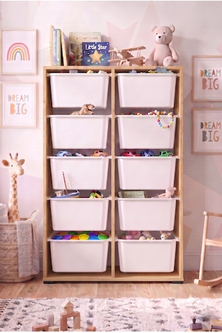 10 Adet Büyük Çekmeceli 136 Cm Safir Meşe Çocuk Odası Oyuncak Dolabı Ve Çok Amaçlı Saklama Ünitesi - Depolayıcı Düzenleyici Organizer