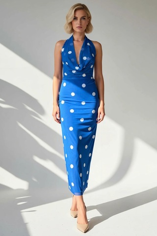 Benerly Kadın Degaje Yaka Kolsuz Puantiyeli Bodycon Kalıp Midi Elbise Fon Mavi