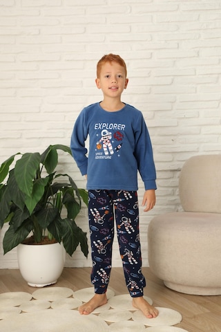 Yeni Stil Sonbahar/kış Erkek Çocuk Uzay Figür Astronot Desen Polar Pijama Takımı 4565 Mavi