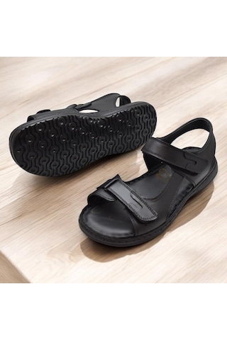 088 Topuk Jelli Tam Ortopedik Taban Hakiki Deri Erkek Sandalet Cırtlı Sandalet Siyah