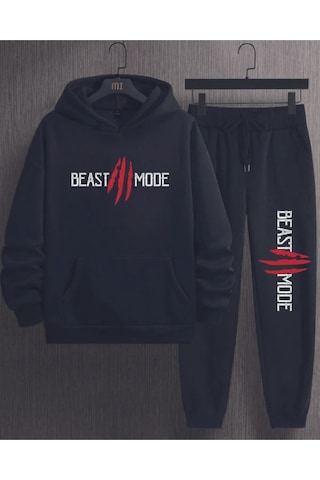 Hırsch Siyah Erkek Oversize Basic Kapüşonlu Lastikli Beast Moda Baskılı Pamuklu Eşofman Takımı Siyah