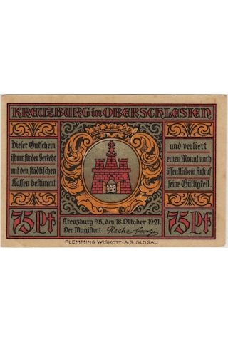 Almanya 75 Pfennig 1921 Notgeld-kreuzburg-yukarı Silezya. Çil.