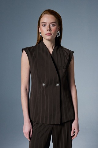 Sateen Anna Çizgili Yelek - Kahve-137068 Kahve