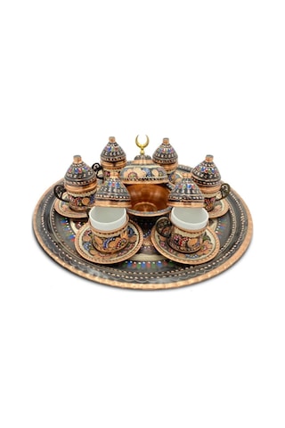 Kahve Fincanı 6 Kişilik İşlemeli Set Bakır Yuvarlak Tepsili Çok Renkli