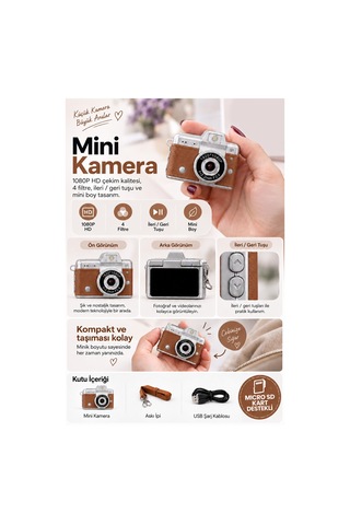 Mimtec Blm-110 Mini Retro Dijital Kamera - Flaşlı Katlanabilir Ekran 1080p Hd Video Selfie Vlog Kamerası Kahverengi