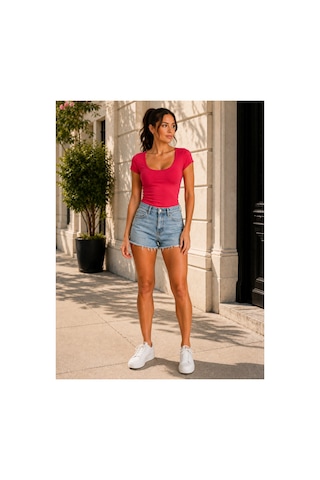 Mixxtrend Kadın Lcyralı Ön Arka Yuvarlak Yaka Body Form T-shirt Pembe