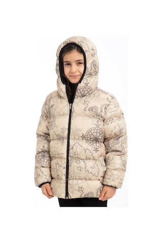Freemen Kız Çocuk Bej Pusula Desen Polar Su Ve Rüzgar Geçirmez Kapüşonlu Şişme Kışlık Mont Bej