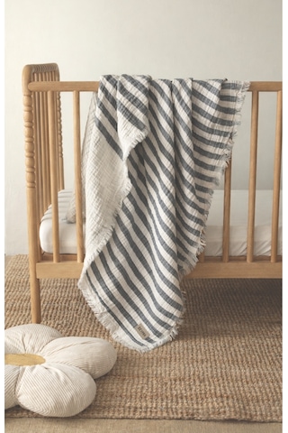 Bebek & Çocuk İçin % 100 Pamuk 4 Katlı Müslin Örtü Antrasit Çizgili 110x110 CM