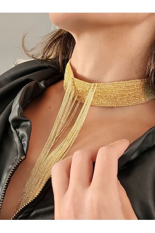 15 Sıralı Zincir V Model Dokuma Sallantılı Vücut Tasma Choker El Yapımı Altın Renk Kolye Gold