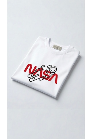 Unisex Düz Renk Nasa Dijital Baskılı Bisiklet Yaka Basic Tişört Beyaz