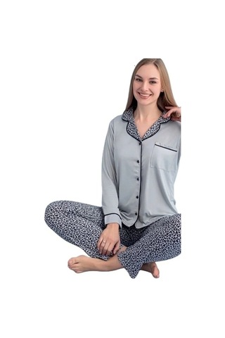 Berna Collection Kadın Pijama Takımı Düğmeli Yumuşak Dokulu Esnek Füme