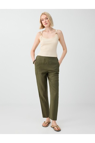 Jimmy Key Jimmy Key Haki %100 Keten Normal Paça Yüksek Bel Dokuma Pantolon 6sw186633310