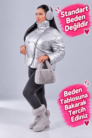 Ay-sel Büyük Beden Kadın Beyaz 42-48 Beden Kapitone Elyaf Dolgulu Astarlı Düğmeli Cepli Ceket Aysel Gri