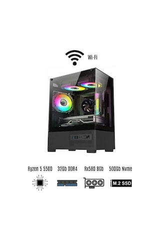 Ramtech Runner R5-5500 32 GB 500 GB M2 SSD 8 GB RX580 Free Dos Masaüstü Oyuncu Bilgisayarı