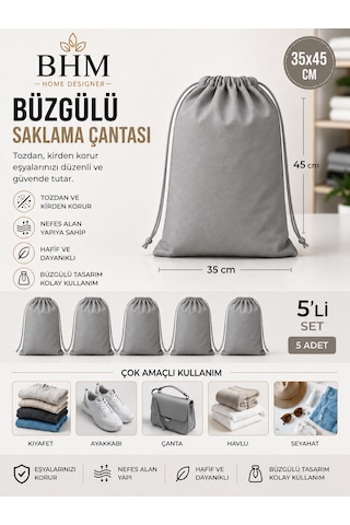 5'li Büzgülü Saklama Çantası 35x45 Cm Nefes Alan Ayakkabı Kılıfı Toz Koruyucu Organizer Gri