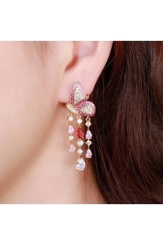 Novahub Sarı Altın Kelebek Küpe, Damla Püskül, Siyah Altın Renk, Kadın, 4.7 Cm Çok Renkli