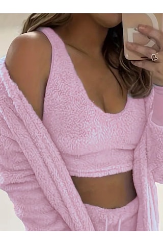 Kadın Askılı Peluş Bluz,şort Ve Ceket Üçlü Takım Pembe
