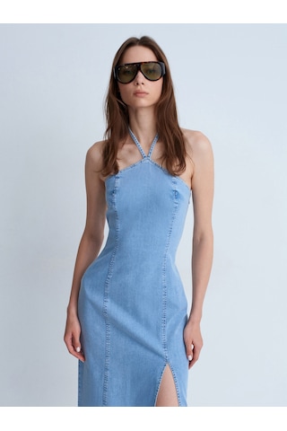 Dilvin 90580 Boyundan Bağlamalı Midi Denim Elbise-mavi