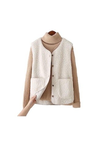 Kadın Güz Kış Yelek Ceket Düz Renk V Boyun Kolsuz Düğme Kapatma V Boyun Yumuşak Sıcak Cepler Hırka Bayan Yelek Bej