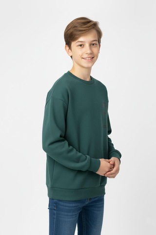 Baskı Detaylı Bisiklet Yaka Erkek Çocuk Sweatshirt-90914 Yeşil