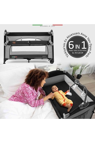 Elele Bonte 2 6in1 Lüks Anne Yanı Oyun Parkı Park Yatak Xl 70x120 Cm Gri-siyah - Gri-siyah