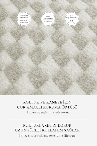 Aron Kürklü Koltuk Örtüsü 170x215 Cm Yumuşak Peluş Lüks Kaymaz Taban Kanepe Örtüsü Krem