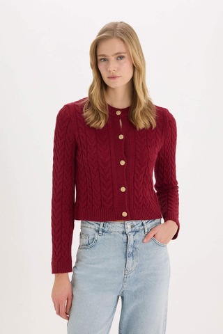 DeFacto Regular Fit Bisiklet Yaka Selanik Örgü Desenli Basic Düz Triko Hırka C9044AX25SPBR285 Bordo