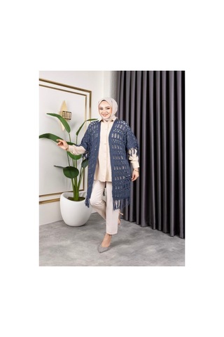 Hira Life Fashion Kadın Mevsimlik Saçaklı Ve Ajurlu Pamuk Triko Hırka Mavi Mavi
