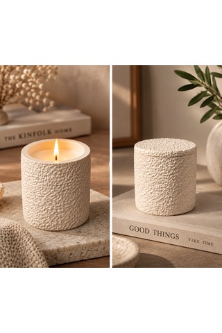 Glaze Mud Dokulu Silindir Kapaklı Dekoratif Mum Beyaz