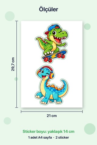 Dinozorlar İş Başında 2 Adet Dev Dinozor Sticker Çıkartma A4 Laptop Etiketi Çok Renkli