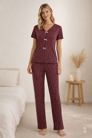 Koza İç Giyim Kadın Kısa Kollu Fiyonklu Fitilli Pijama Takımı Kk30131 Bordo - Pembe